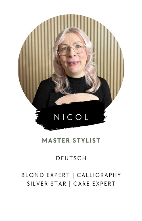 Portrait von Nicol, Salonleitung und Master Stylistin bei max your hairstyle, Expertin für Blond, Haarpflege und Calligraphy Cut. Sie spricht nur Deutsch.
